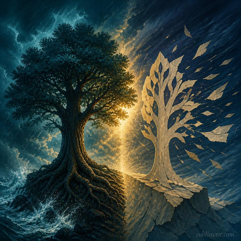 A deeply rooted tree standing firm in a storm beside a brittle paper cutout tree, contrasting genuine and illusory growth