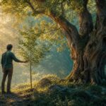 Person in a sunlit forest clearing beside a young sapling and an older tree, symbolizing gradual growth and wisdom