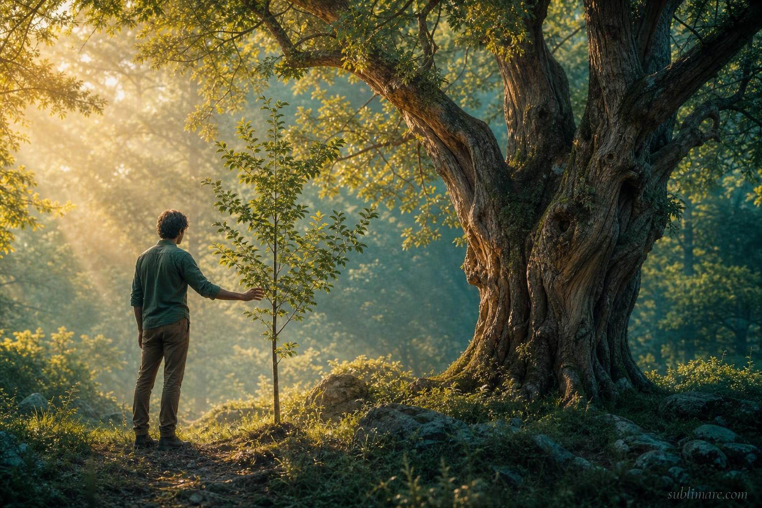 Person in a sunlit forest clearing beside a young sapling and an older tree, symbolizing gradual growth and wisdom