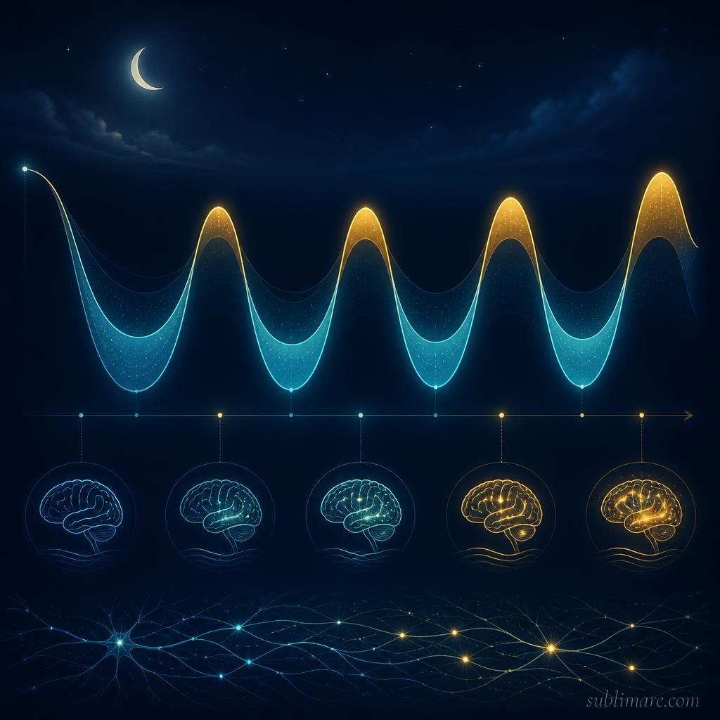 Scientific illustration of the sleep cycle showing alternating NREM and REM stages across a night