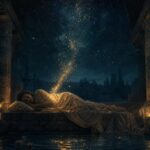 Person peacefully sleeping in an ancient stone temple chamber with golden light rising into the night sky