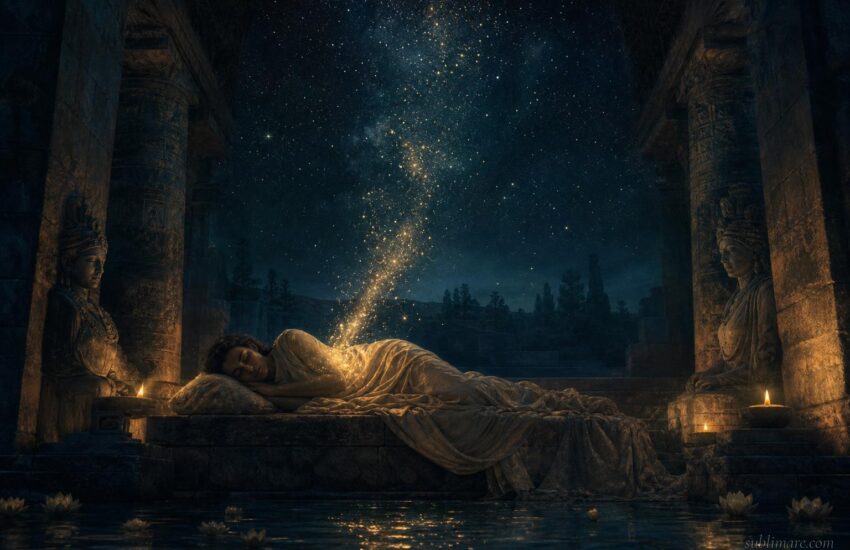 Person peacefully sleeping in an ancient stone temple chamber with golden light rising into the night sky