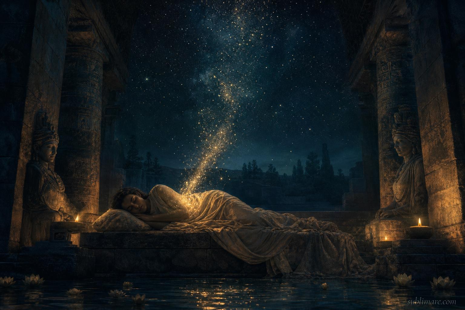 Person peacefully sleeping in an ancient stone temple chamber with golden light rising into the night sky