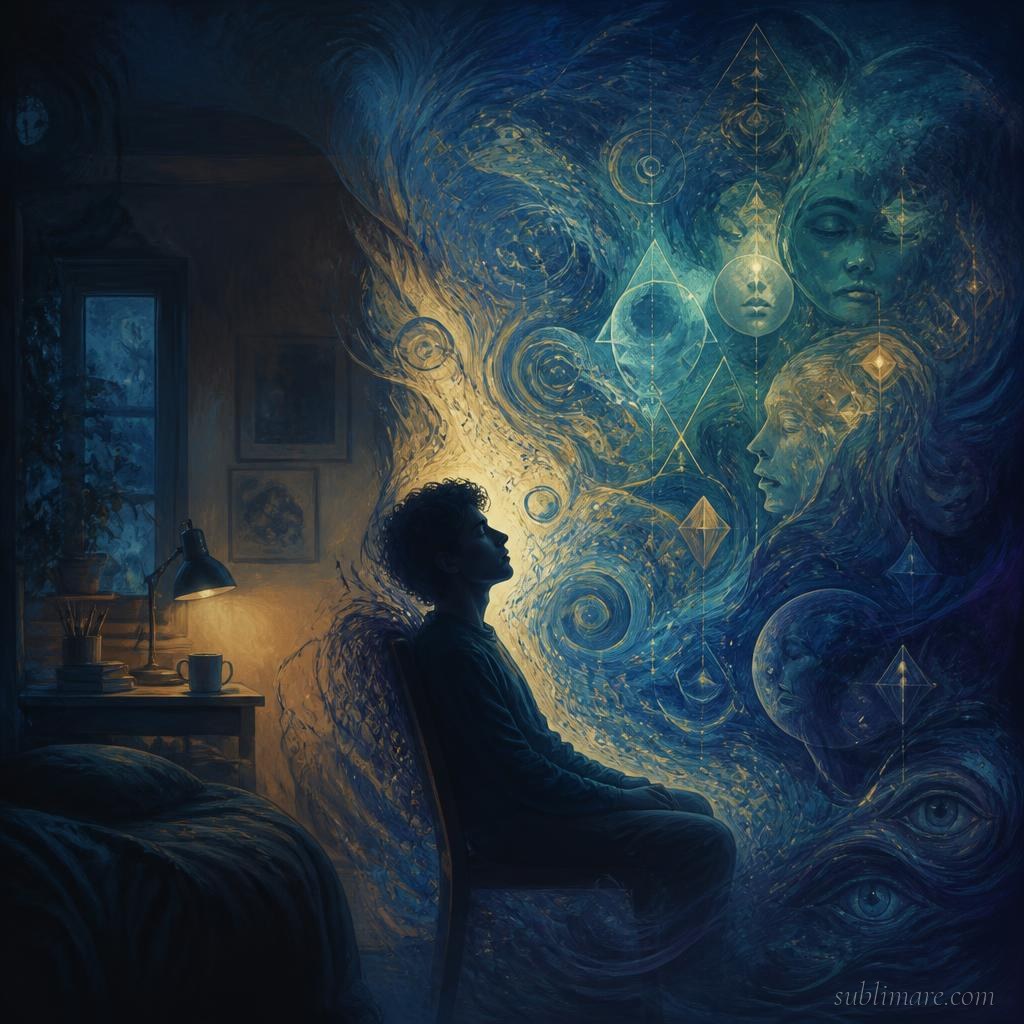 Painterly illustration of the hypnagogic threshold state between waking and sleep