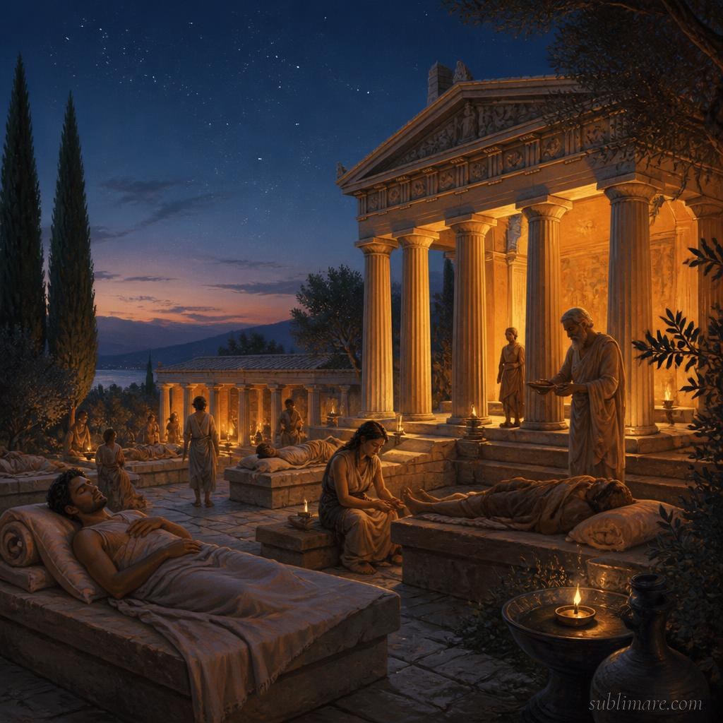 Ancient Greek healing temple (Asklepieion) evoking historical dream incubation practices