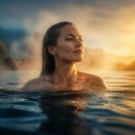 Person emerging calm and composed from cold dark water into soft golden morning light