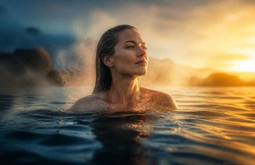 Person emerging calm and composed from cold dark water into soft golden morning light