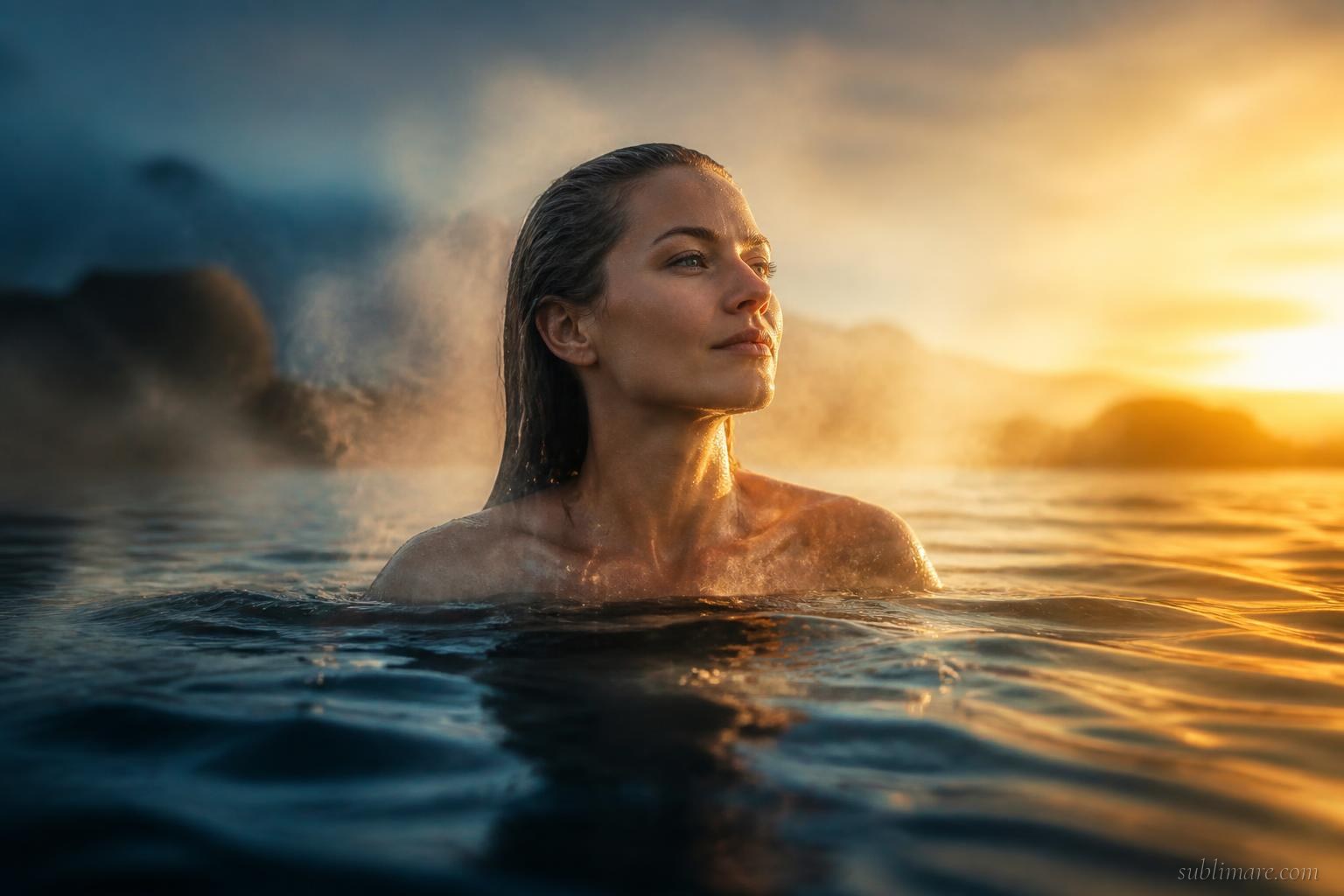 Person emerging calm and composed from cold dark water into soft golden morning light