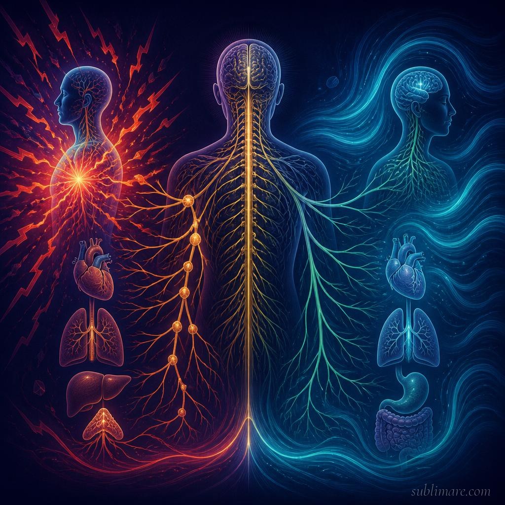 Scientific illustration of the nervous system shifting from sympathetic cold shock activation to parasympathetic vagal recovery