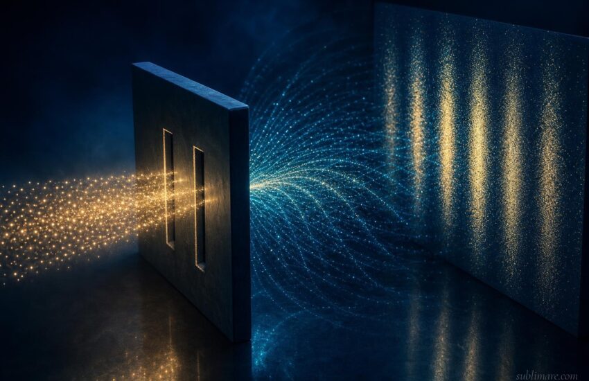 The double-slit experiment showing a glowing interference pattern of light and shadow bands