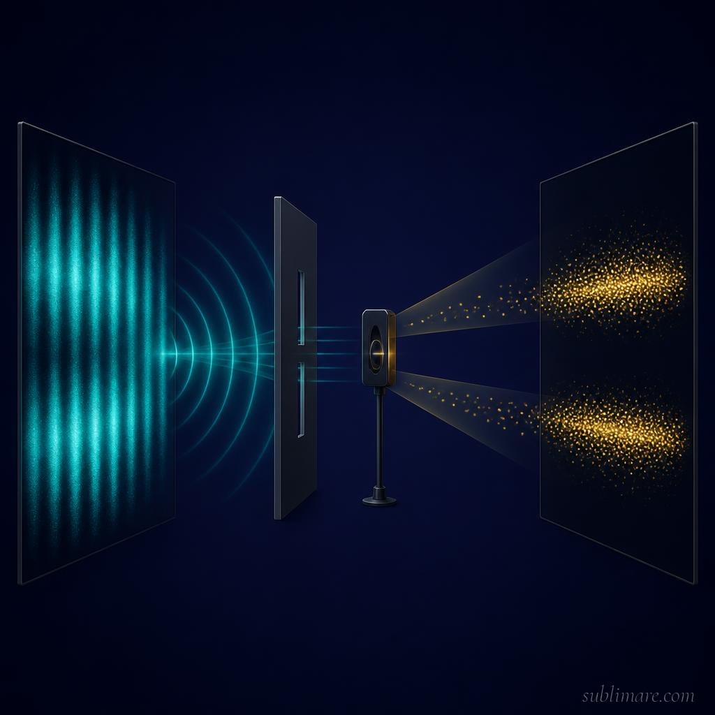 Scientific illustration contrasting unmeasured wave interference versus measured particle clusters in the double-slit experiment