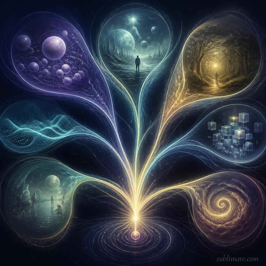 Branching paths of light representing competing interpretations of quantum measurement, including many-worlds