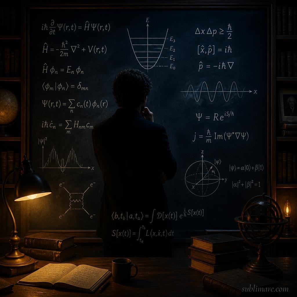 A physicist silhouette before a chalkboard of quantum equations in a contemplative study
