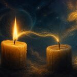 A candle flame passing its light to a second unlit candle against a cosmic backdrop, symbolizing continuity without a fixed identity