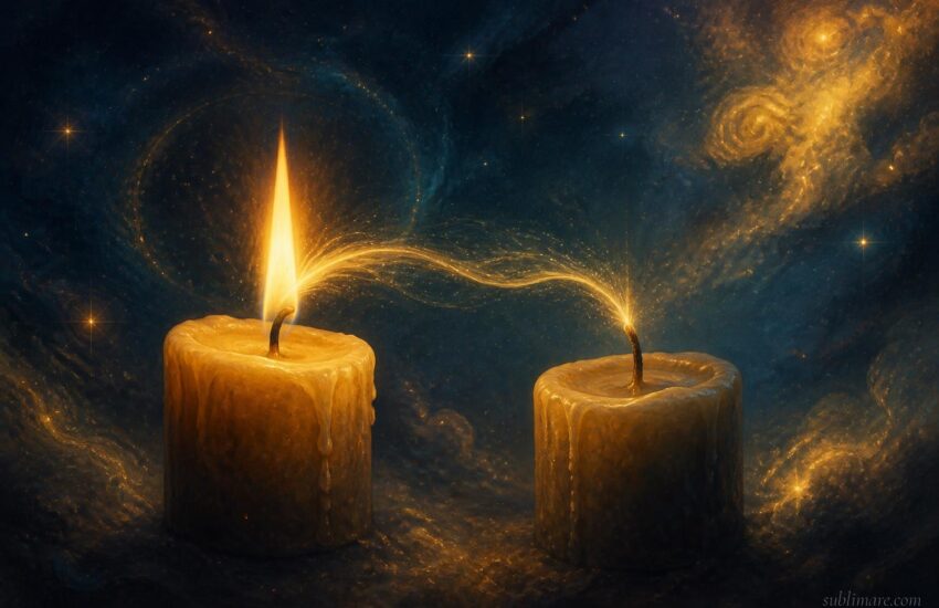 A candle flame passing its light to a second unlit candle against a cosmic backdrop, symbolizing continuity without a fixed identity