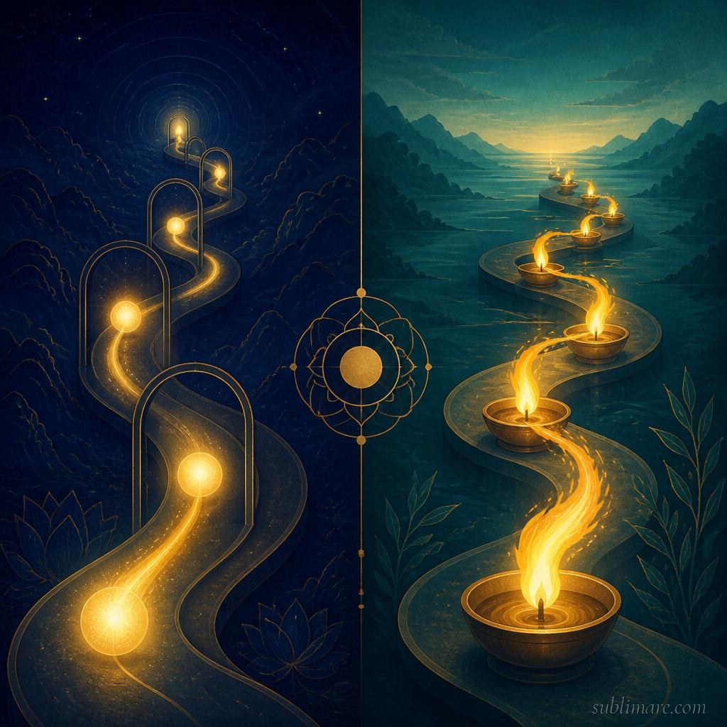 Symbolic illustration contrasting a persistent soul traveling unchanged versus Buddhist causal continuity without a fixed self