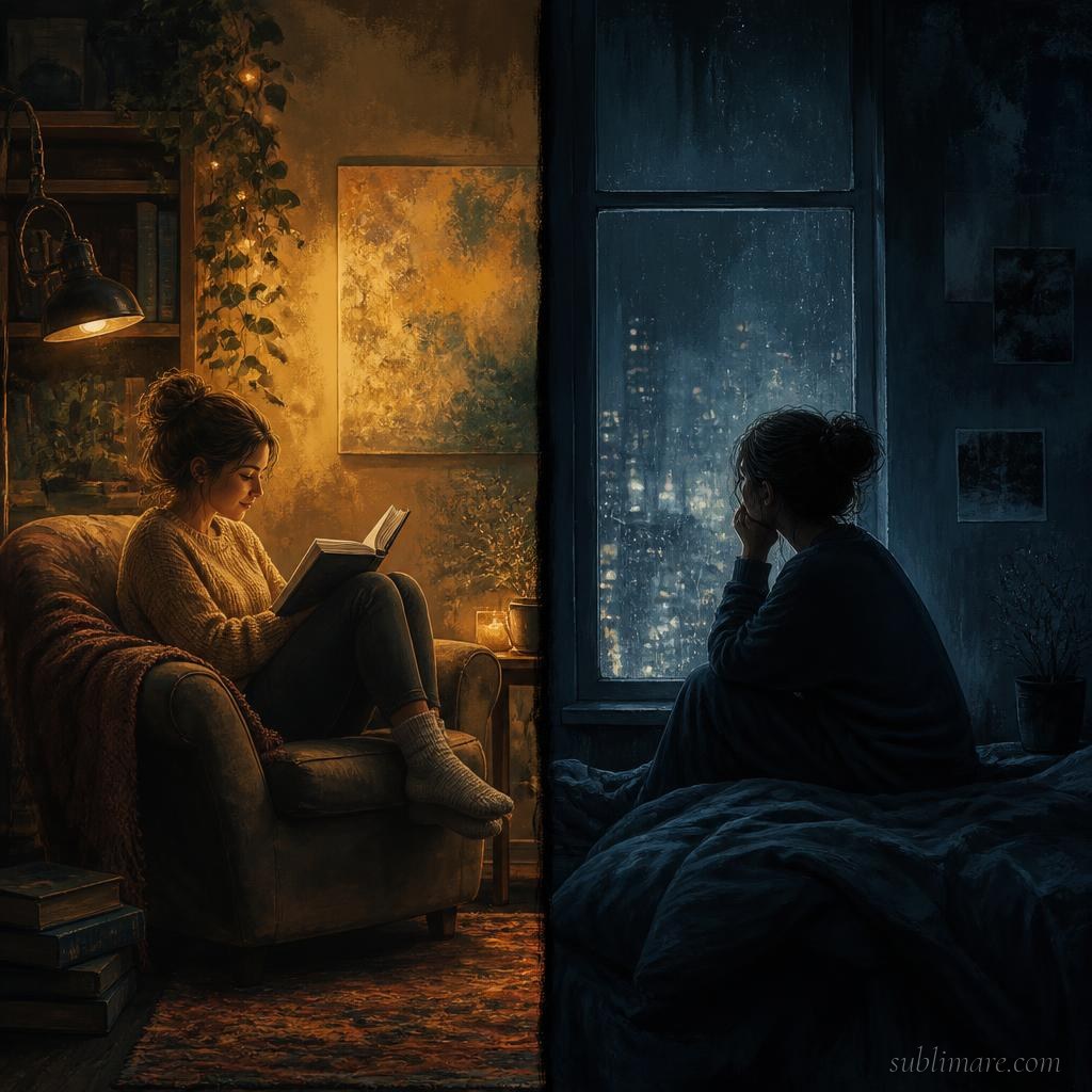 Split illustration contrasting chosen warmly-lit solitude with cold shadowy loneliness