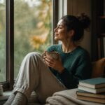 Person sitting alone peacefully by a window with tea and books, evoking chosen restorative solitude