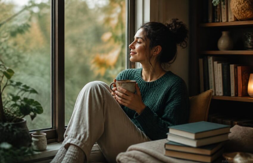Person sitting alone peacefully by a window with tea and books, evoking chosen restorative solitude