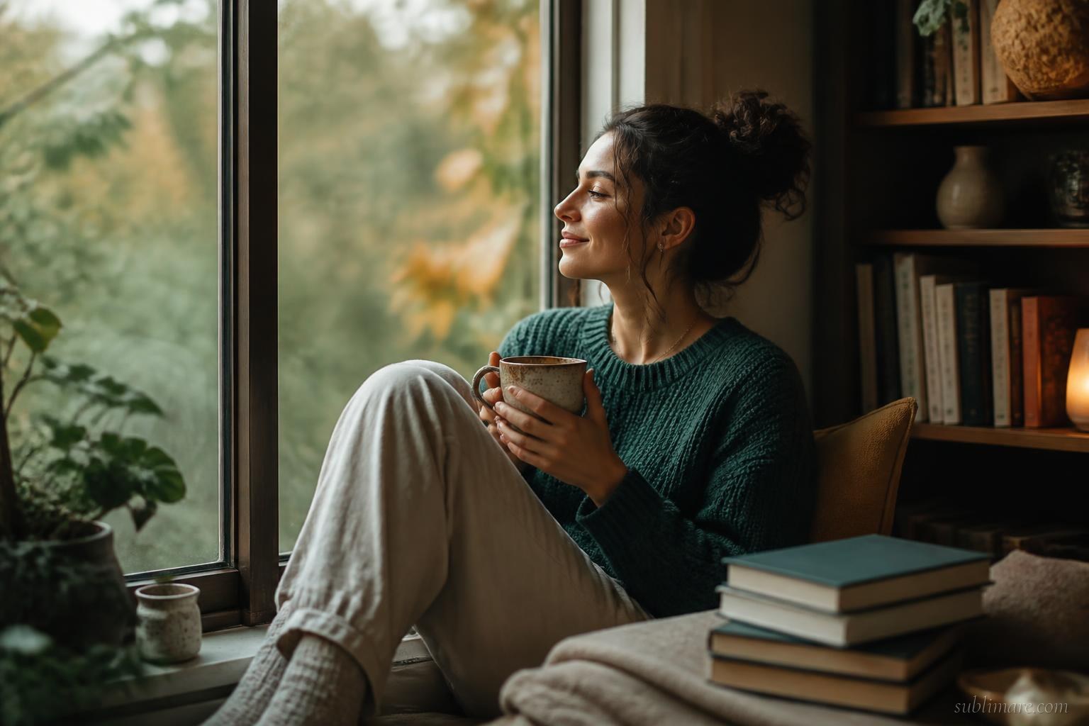 Person sitting alone peacefully by a window with tea and books, evoking chosen restorative solitude