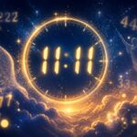 Glowing 11:11 digital clock floating in a dreamy starry sky representing angel numbers