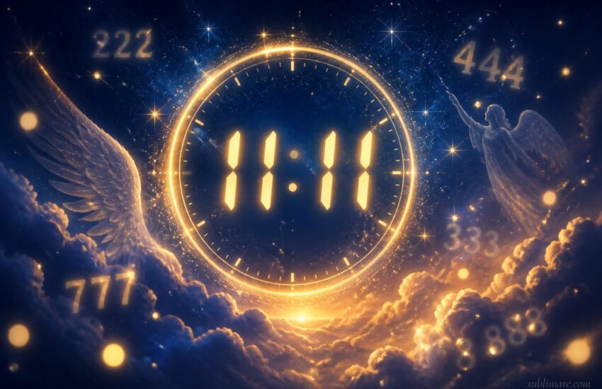 Glowing 11:11 digital clock floating in a dreamy starry sky representing angel numbers