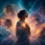 Person standing amid soft overlapping ripples of colored light representing absorbed emotions, symbolizing empathic sensitivity