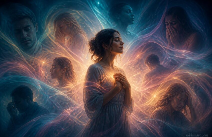 Person standing amid soft overlapping ripples of colored light representing absorbed emotions, symbolizing empathic sensitivity
