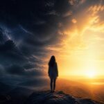 Person at dawn where darkness dissolves into golden light, symbolizing the transition through a spiritual awakening