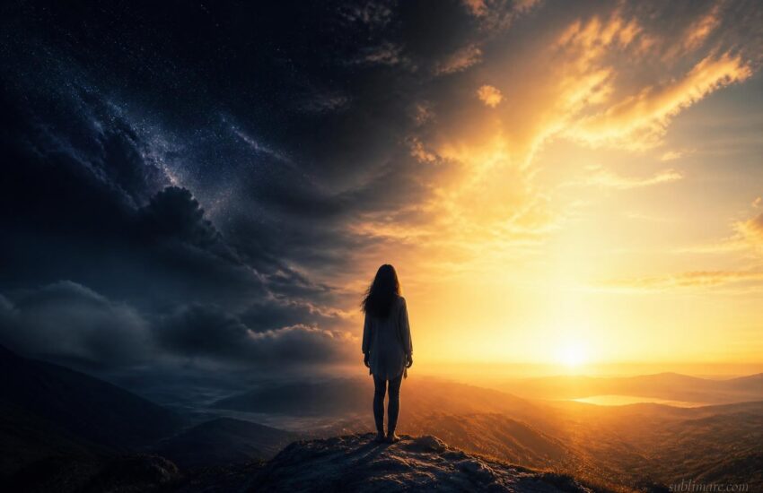 Person at dawn where darkness dissolves into golden light, symbolizing the transition through a spiritual awakening