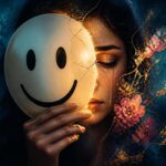 A smiley-face mask held in front of a person's face with cracks of light revealing an honest, tearful expression