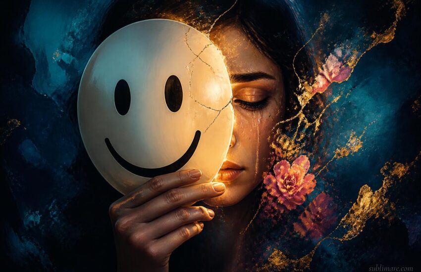 A smiley-face mask held in front of a person's face with cracks of light revealing an honest, tearful expression