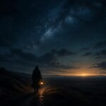 A lone figure with a lantern on a dark path under a night sky with a faint glow of dawn on the horizon