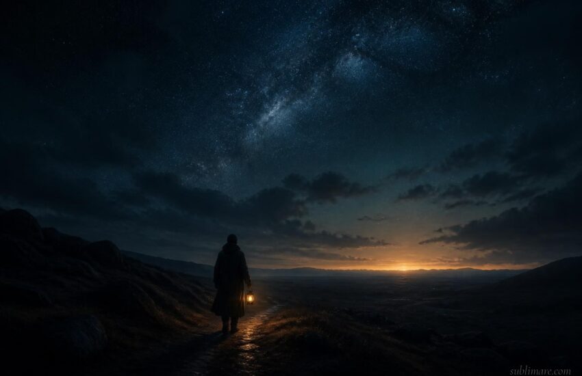 A lone figure with a lantern on a dark path under a night sky with a faint glow of dawn on the horizon