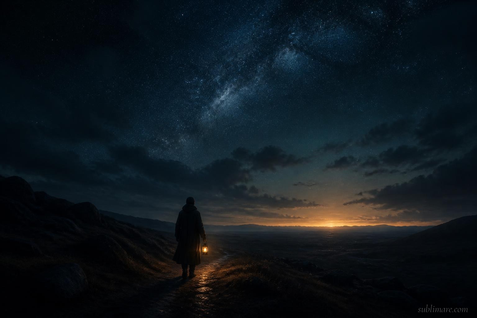 A lone figure with a lantern on a dark path under a night sky with a faint glow of dawn on the horizon