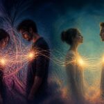 Two people connected by glowing threads of light, tangled on one side and steady on the other, representing attachment styles
