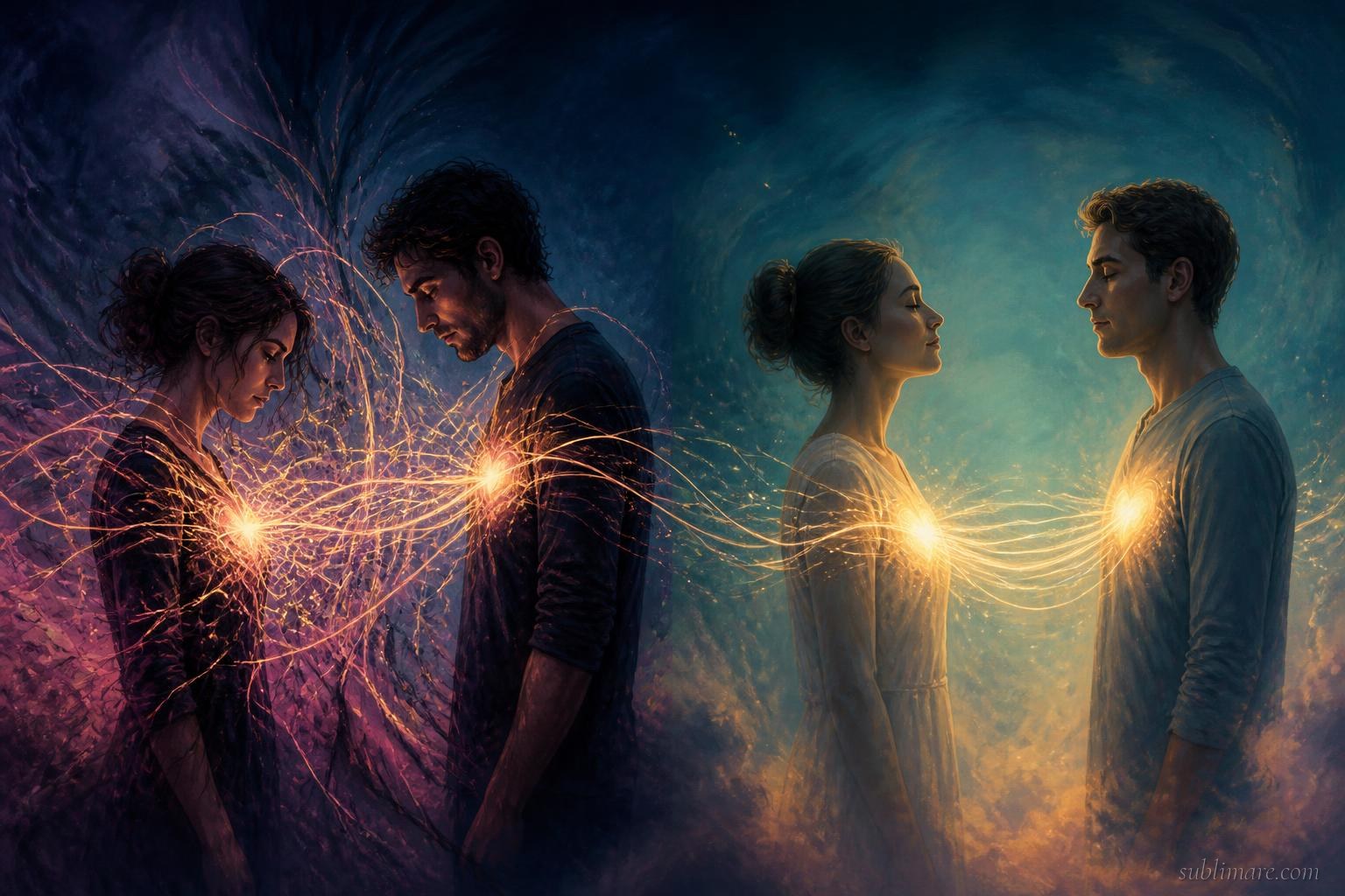 Two people connected by glowing threads of light, tangled on one side and steady on the other, representing attachment styles
